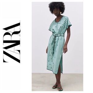 NWT Zara Blue Green Embroidered Belted Tunic Midi Dress, Size Small